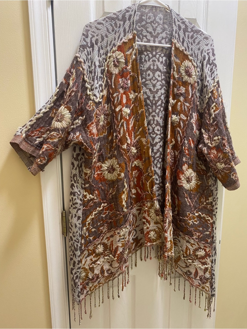 Boho Embroidered L / XL wool Open-Front Cardigan Brown Multi Earth Tones Fringe
